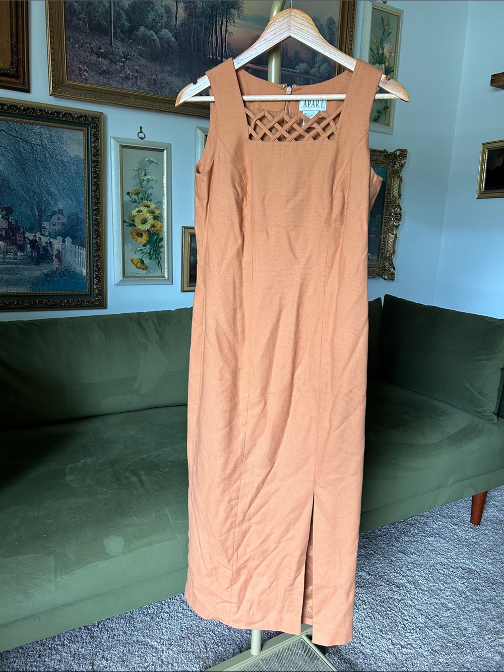 Vintage Apart Impressions Sleeveless Maxi Dress in Rust with Lattice Yoke